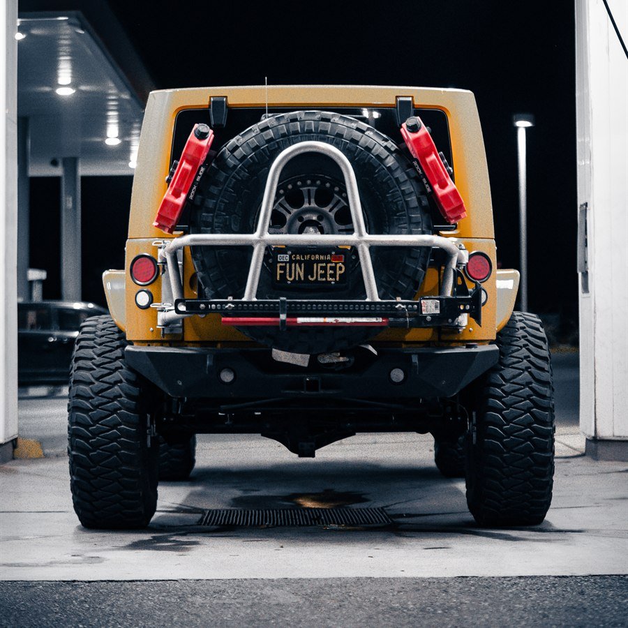 Head-on rear view with spare carrier, RotopaX, and high-lift jack