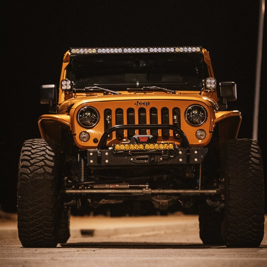 Head-on front portrait with Baja Designs lighting and Warn winch